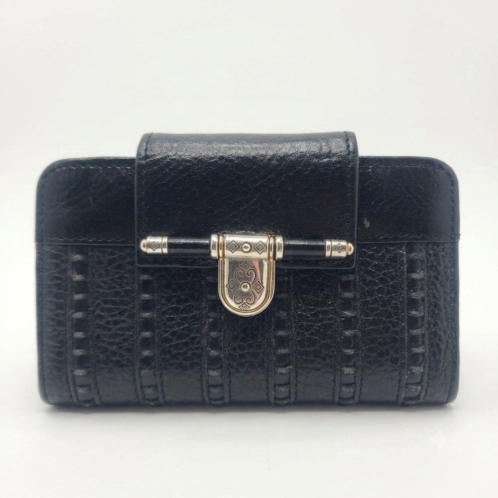 Vtg Brighton Black Pebble Leather Small Bifold Wallet ID‎ Window Ornate Hardware